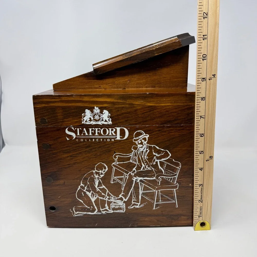 Stafford Collection Wooden Shoe Shine Valet Box Footrest Latch Dark Wood Vintage